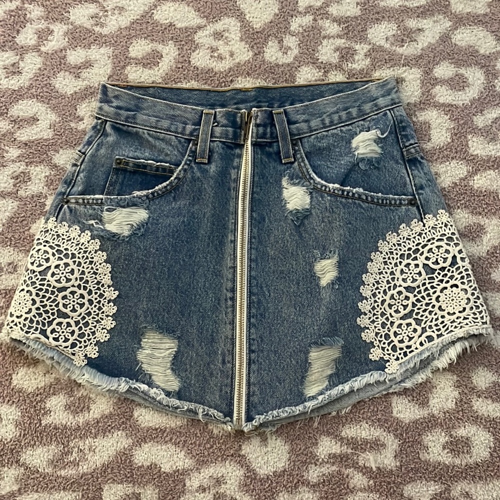 Carmar denim zip front skirt with lace detailing